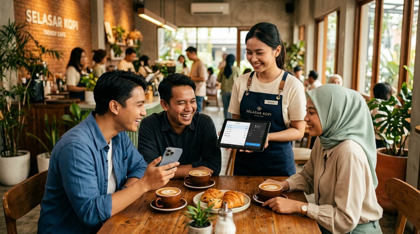Pelayan Kasir Menggunakan Tablet NCT POS Melayani Pelanggan di Selasar Kopi